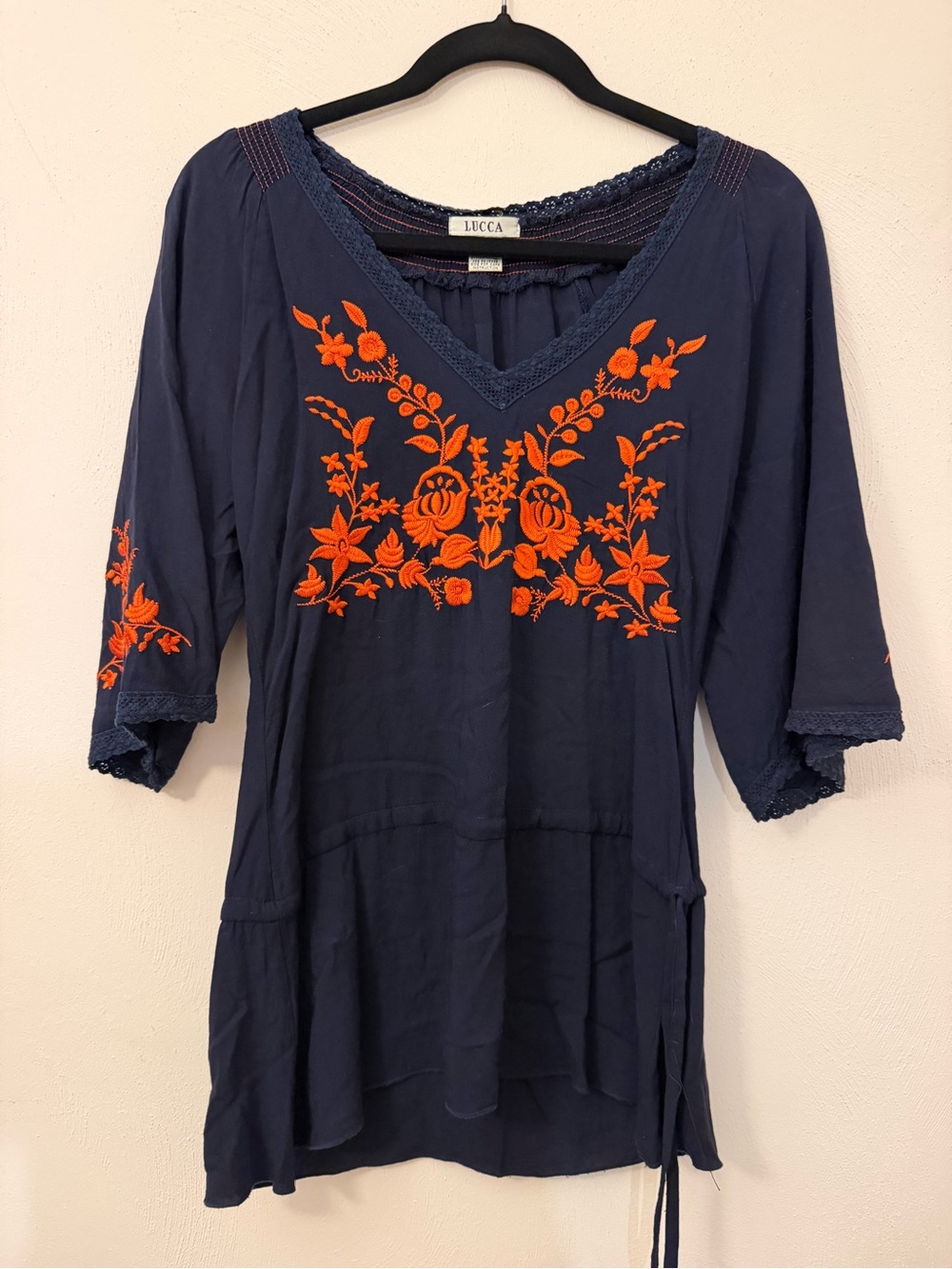 Lucca Navy Tunic with Orange Floral Embroidery